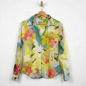 Putumayo Womens M Yellow Floral Abstract Cotton Button Front Long Sleeve Blouse